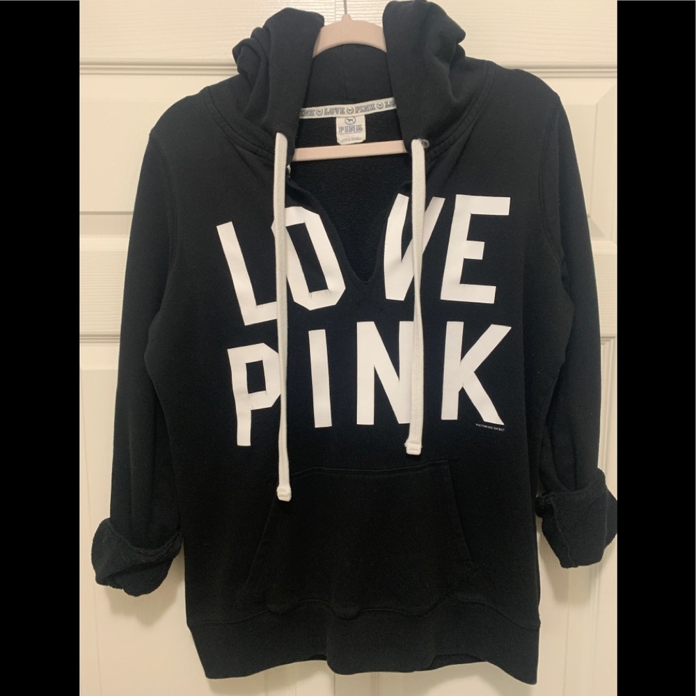 V.S. PINK Black pullover V neck hoodie